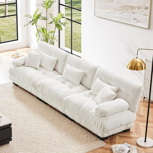 Modular Sectional Sofa Cloud Couch 3-Seater Deep Seat Sofa Couch, Oversized Couch Bed Sectional Couch with Round Bolster Armrests 5 Pillows, Modern Sofa Chair Comfy Couch(White)
