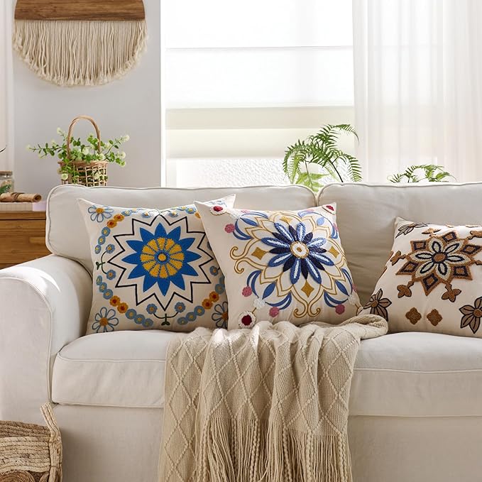 Embroidered Throw Pillow Cover 18x18 Classic Boho Floral Pattern Pillows Cover Outdoor Decorative Pillowcase,Durable Cozy Textured Cushion Case for Sofa Couch Bed Living Room,Blue Orange