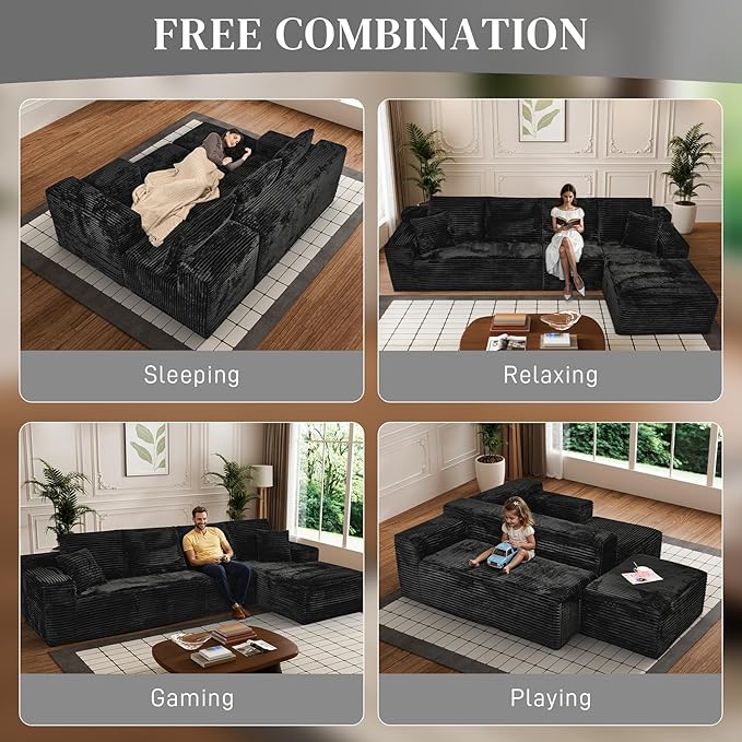 Modular Sectional Sofa Cloud Sectional Couch, 135" Comfy Fluffy L Shaped Black Couches for Living Room, Deep Seat Memory Foam Plush Corduroy Boneless Couch Sectionals with Right Facing Chaise Sofa