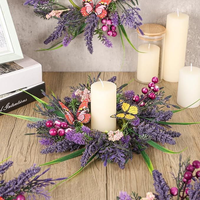 6 Pcs Lavender Wreaths for Front Door Mini Artificial Floral Kitchen Cabinet Swags Spring Summer Candle Rings Wreath with Lavender Berries Butterflies for Year-Round Use Farmhouse Home Decorations