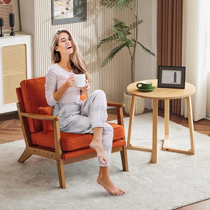 Karl home Accent Chair Wide Armrest Mid-Century Lounge Chair Linen Fabric Armchair with Lumbar Pillow & Solid Wood Frame for Living Room, Bedroom, Balcony, Burnt Orange