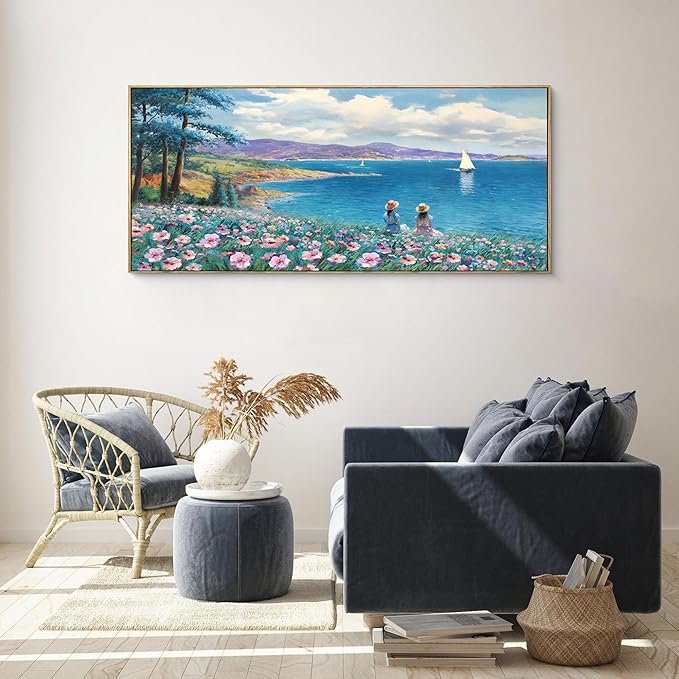 XLSJERST Large Landscape Wall Art - Blue Ocean Pink Flower Sailboat Mountain Tree Wall Decor Orange Frame Artwork for Wall Large Picture for Living Room Bedroom Home Office Decoration Size 29x58