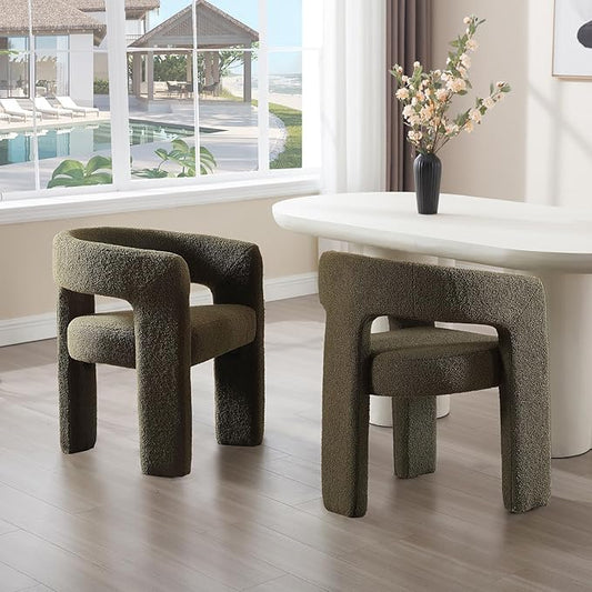 Green Sherpa Dining Chairs Set of 2, Modern Barrel Dining Room Chairs Upholstered Faux Fur Accent Chair with Arms and Round Back for Living Room Kitchen Armchair No Assembly Needed