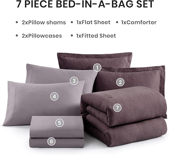 Monbix California King Comforter Set - 7 Pieces Cationic Dyeing Italian Plum Bed in a Bag Cal King Bed Sets with Comforter, Sheets, Pillowcases & Shams, Reversible Bedding Comforters Sets (108 * 92)