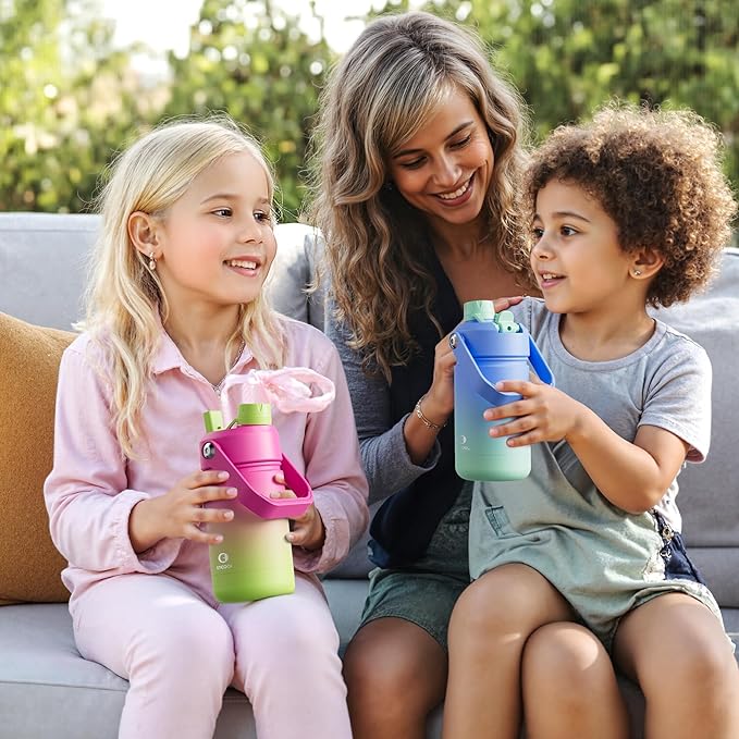 Kids Insualated Water Bottle with Straw - 12oz Stainless Steel Water Bottle with Dual Spouts, Leak-Proof, BPA-Free, Double Wall Vacuum Keeps Cold for 24 Hours for Sports, Travel (Beaucoup Blue)