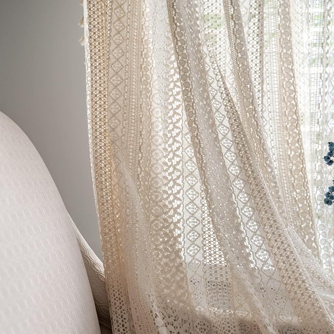 Sutuo Home Beige Boho Curtains Crochet Lace Semi-Sheer Bohemian Hollow Knitted Handmade Tassels, Rod Pocket Window Treatment Vintage Rustic Farmhouse Drapes for Glass Slide Door, 1 Panel 59" W x 90" L