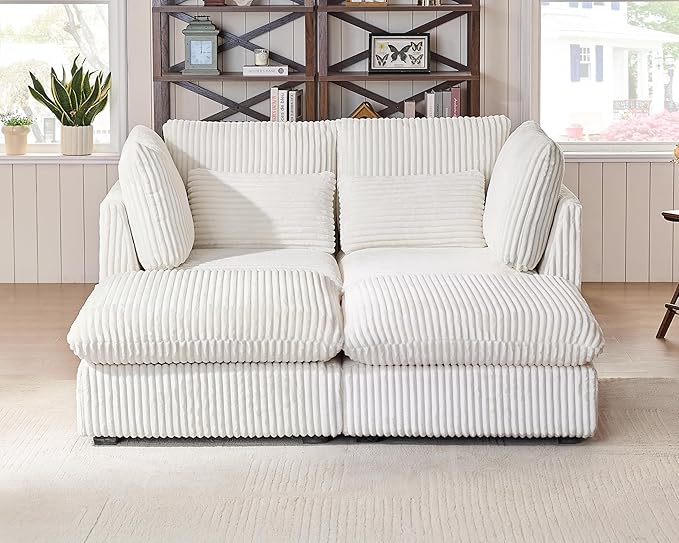 Oversized Modular Sofa, Extra Deep Cloud Corduroy Sectional Couch with Ottoman Chaise, Fluffy Corduroy 4 Seater Couch Bed for Living Room, Villa (Sofa Bed 4 Seater, Corduroy White)