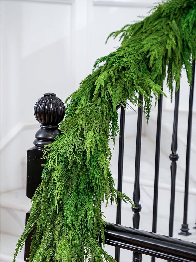 6FT Norfolk Pine Garland Real Touch Cedar Cypress Pine Garland Christmas Greenery for Mantle Stairs Table Window Front Door Christmas Decorations Xmas Decor