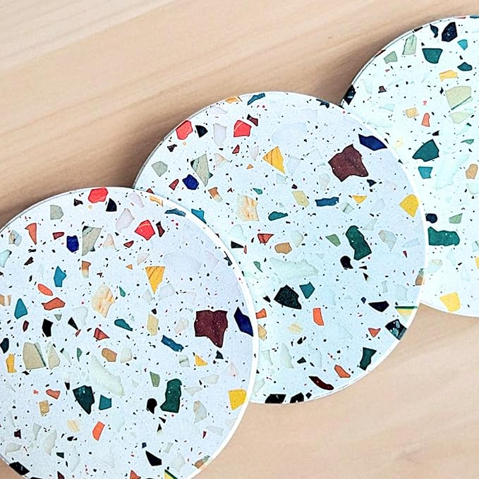 Terrazzo Drink Absorbent Coasters with Holder Set of 6, Ceramic Coaster for Drinks, Coffee Table Decor, Water Absorbing Stone Coaster for Drinks (Mosaic)