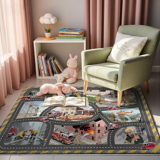 5x7ft Kids Fire Department Missions Play Rug,Non-Slip Faux Wool Carpet with Interactive Fire Department Missions Design for Playroom, Bedroom, Nursery Gift