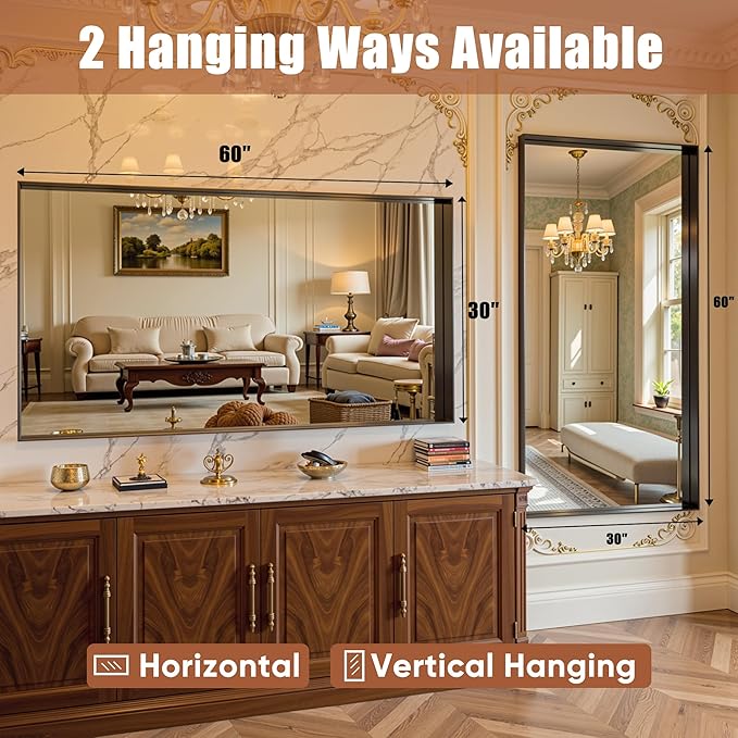 60"x30" Black Framed Bathroom Mirror, Large Rectangular Vanity Mirror, Aluminum Metal Frame, Wall Farmhouse Modern Wall-Mounted Mirrors for Bathroom, Bedroom, Living Room, Over Sink