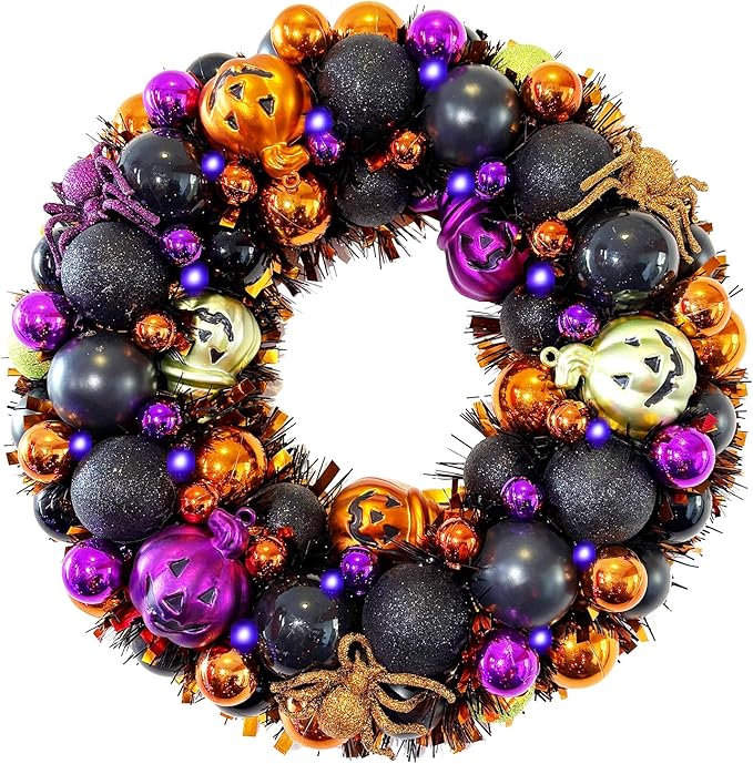 13.8 Inch Halloween Ball Wreath for Front Door with Lights, Lighted Cute Treat-or-Trick Door Wreath Ball Ornament for Halloween Indoor Decorations Centerpiece Party Holiday Wall Home Decor