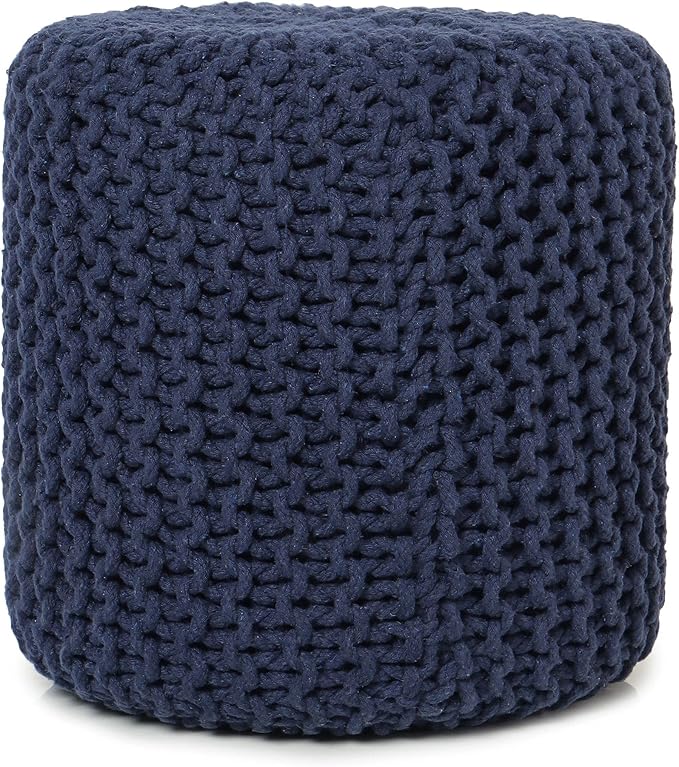 REDEARTH Cylindrical Pouf Ottoman -Hand Knitted Poof Pouffe Accent Chair Seat Footrest for Living Room, Bedroom, Nursery, kidsroom, Patio, Gym; 100% Cotton (16x16x16; Navy Blue)