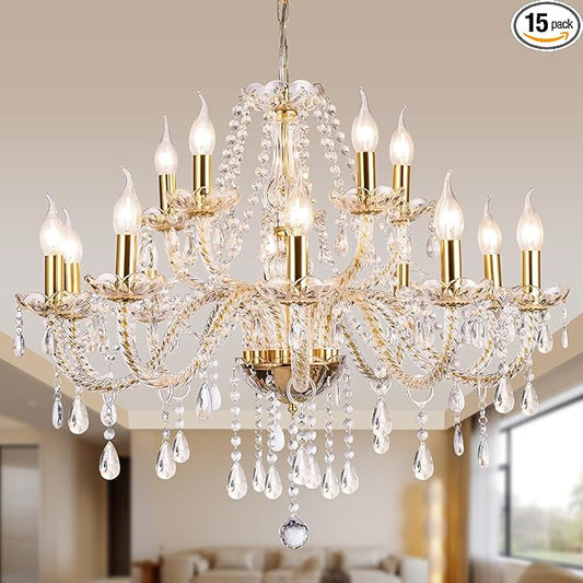 Modern Elegant 15 Lights K9 Crystal Glass Chandelier Golden Pendant Ceiling Lighting European Style for Dining Living Room Bedroom Transparent,15 E12 Bulbs Required