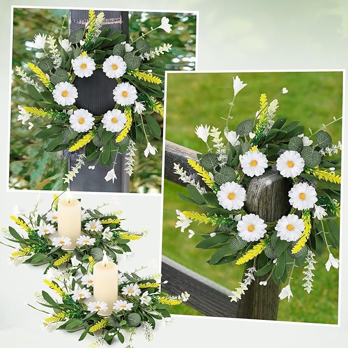 6 Pcs Artificial Spring Summer Swag Wreaths Mini White Daisy Floral Wreath Farmhouse Kitchen Cabinet Wreath Hanging Flowers Wreaths for Front Door Indoor Outdoor Home Decor Festival Celebrations