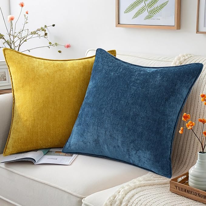 decorUhome Couch Throw Pillow Covers 26x26 Set of 2, Decorative Soft Euro Neutral Chenille Pillow Covers with Elegant Design for Sofa Bed Living Room Home Decor, Poseidon