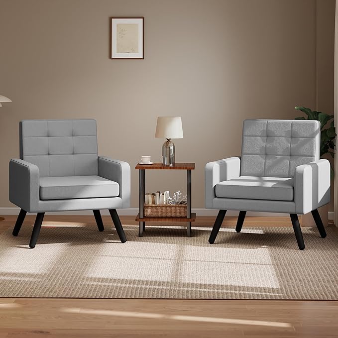 Kromax Mid-Century Modern Accent Chair Set of 2 for Living Room, 496 Lb. Weight Capacity, Dual Armrests, Comfy Extra Large Seat, Timeless Style Perfect for Reading & Relaxing, Light Grey