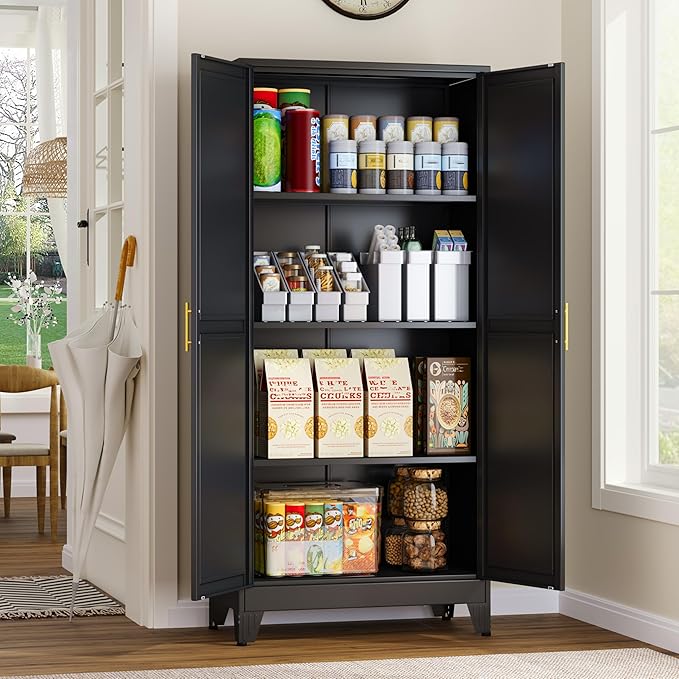 Metal Storage Cabinet With 2 Doors and 3 Adjustable Shelves, Black Kitchen Pantry for Food, Utility Cabinet for Laundry Room, Cupboard