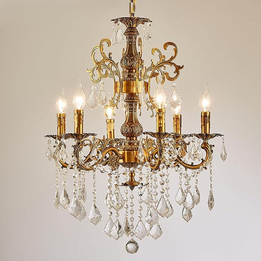 Vintage 6 Arms Crystal Chandelier Candle Light Fixture for Dining Room Living Room Bedroom Hallway Entryway Antique Gold Finish (23"-6 Lights)