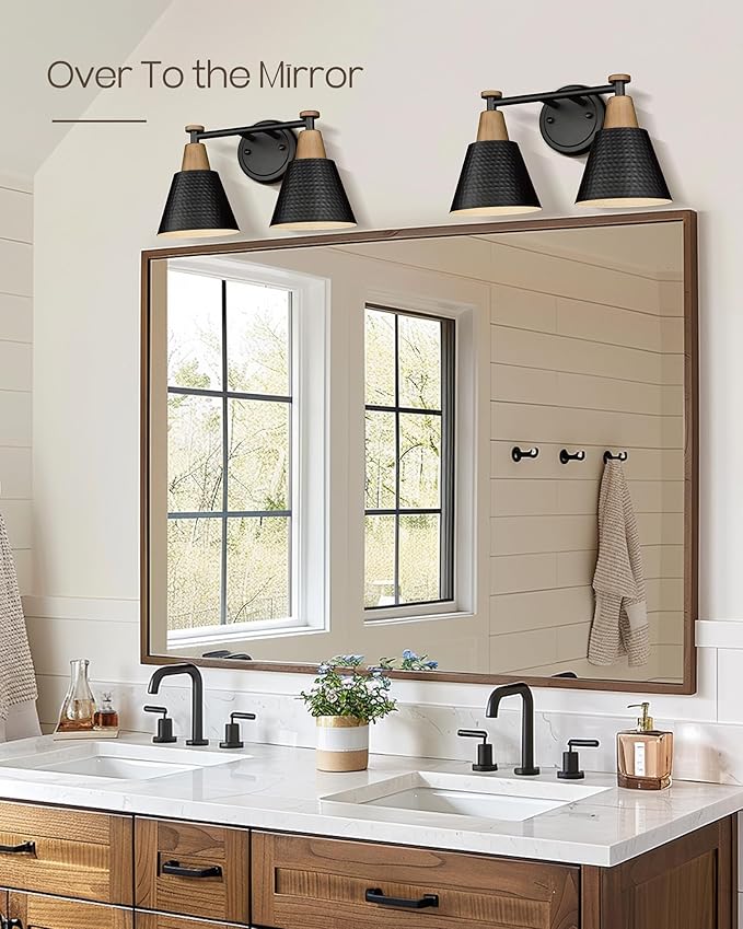 FEMILA Black Bathroom Light Fixtures, 2-Light Bathroom Vanity Lights Over Mirror with Hammered Metal Shade, Modern Wall Sconces Lighting for Kitchen Bedroom Living Room, 4FG59B-2W BK