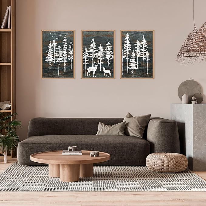 Celestdeco Modern White Forest Framed Canvas Wall Art Set, Minimalist Woodland Art Painting, Retro Tree Landscape Wall Decor, Wildland Deer Artwork for Living Room, Dining Room, Office - 24"x36"x3