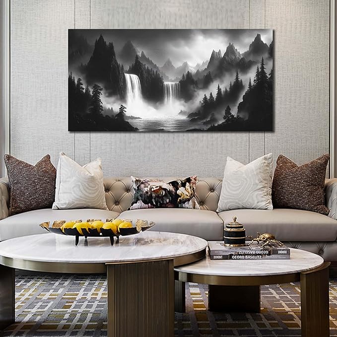 HUBOSKN Waterfall Pictures Wall Decor for Living Room - Mountain Wall Art for Office - Black and White Canvas Wall Art for Bedroom Size 24" x 48"