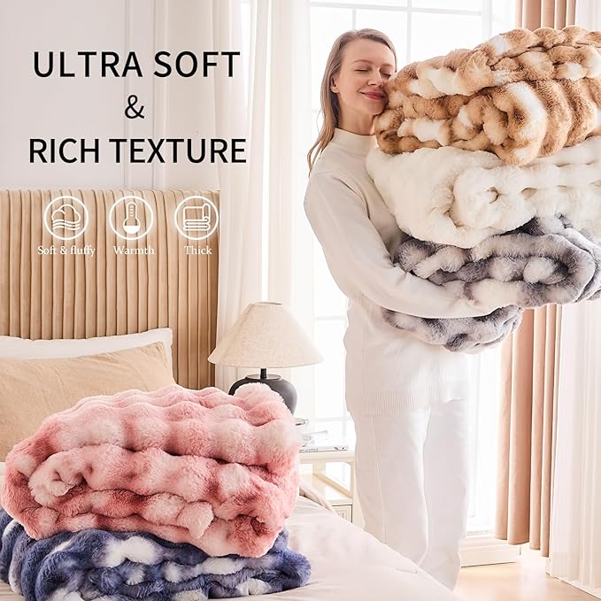 Cozy Faux Fur Throw Blanket for Bed-Warm Fuzzy Throw Blanket, Soft Plush Thick Bubble Blankets for Bedroom and Living Room, Furry Luxury Blanket, 90 x 108, Tie-Dye Brown