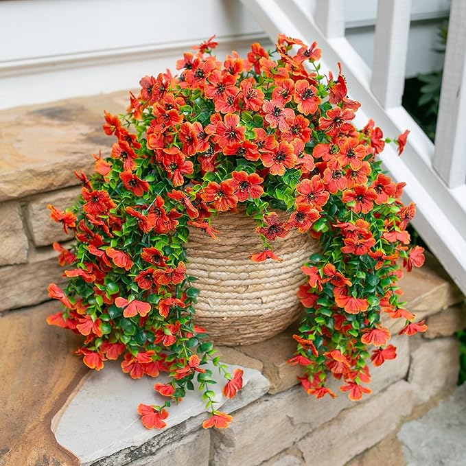 INSPRING Fall Fake Mums Artificial Flowers Hanging Decoration for Outdoors, 2Pcs Orange Daisy with Autumn Eucalyptus Leaves, Realistic Plants Decor, Silk Flower for Porch Patio Balcony Planter Yard