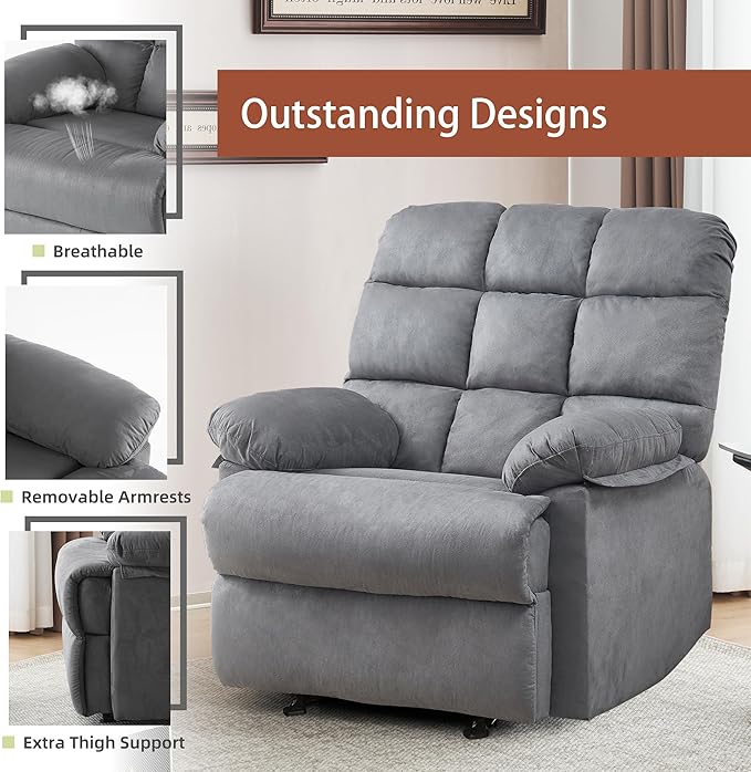 Rocker Recliner Chair, Overstuffed Manual Rocking Recliner for Adults, Upholstered Comfy Soft Fabric Living Room Reclining Sofa Chair(Gray)