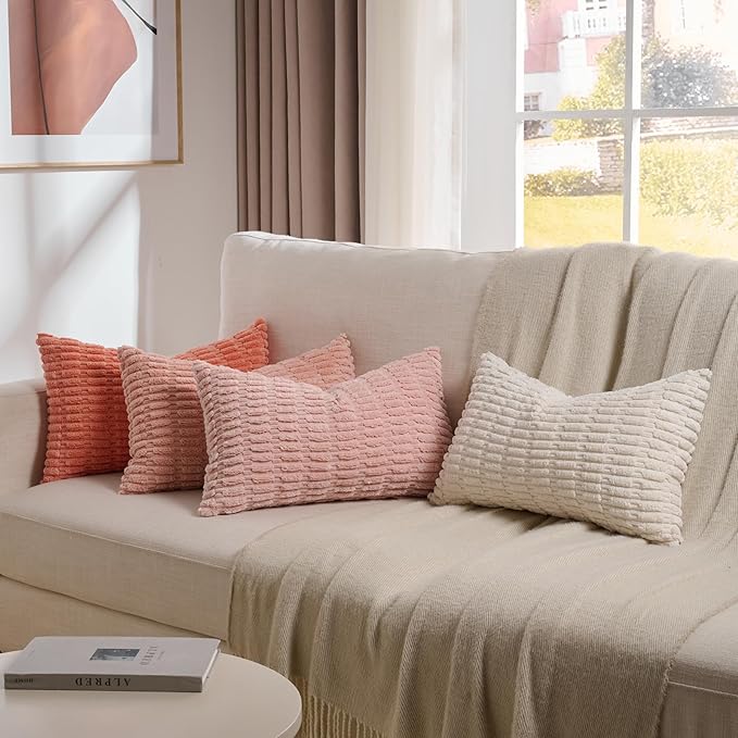 Fancy Homi 4 Packs Blush Pink Boho Lumbar Decorative Throw Pillow Covers 12x20 Inch for Couch Bed Sofa, Soft Striped Corduroy Rectangle Light Pink Coral Peach Cream Accent Cushion Case 30x50 cm