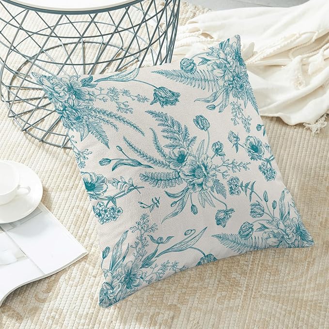 CXMEIFLY Aqua Teal Spring Pillow Covers 18 x 18 Inch Set of 2 for Chinoiserie Flowers Decor Throw Pillows Floral Leaves Seasonal Plant Outdoor Decorative Cushion Cases for Couch Bed Decorations