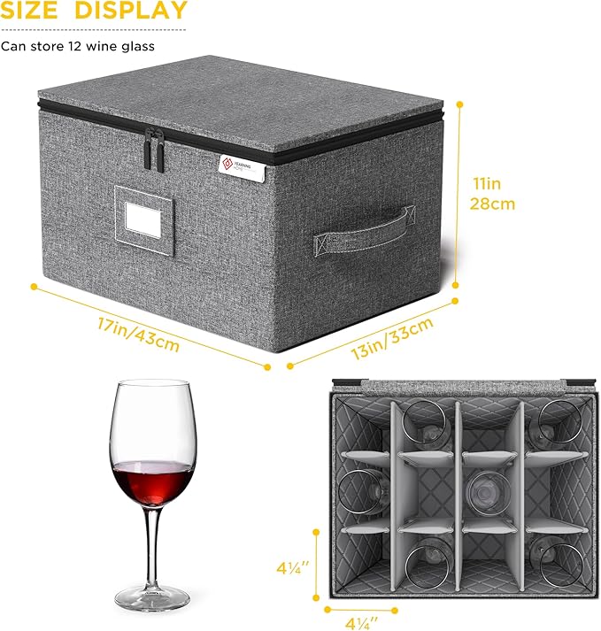 YearningHome Wine Glass Storage Box with Dividers,Hard Shell and Stackable Stemware Storage Containers with Sturdy Handle for Glassware Crystal Storage and Transport,Grey,Holds 12