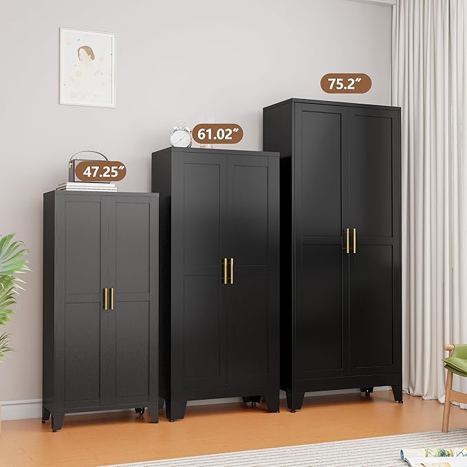 Metal Kitchen Pantry Storage Cabinet with 2 Doors and 3 Adjustable Shelves,Pantry Cabinet with Adjustable Leveling Foot for Kitchen, Living Room, Dining Room（Black）
