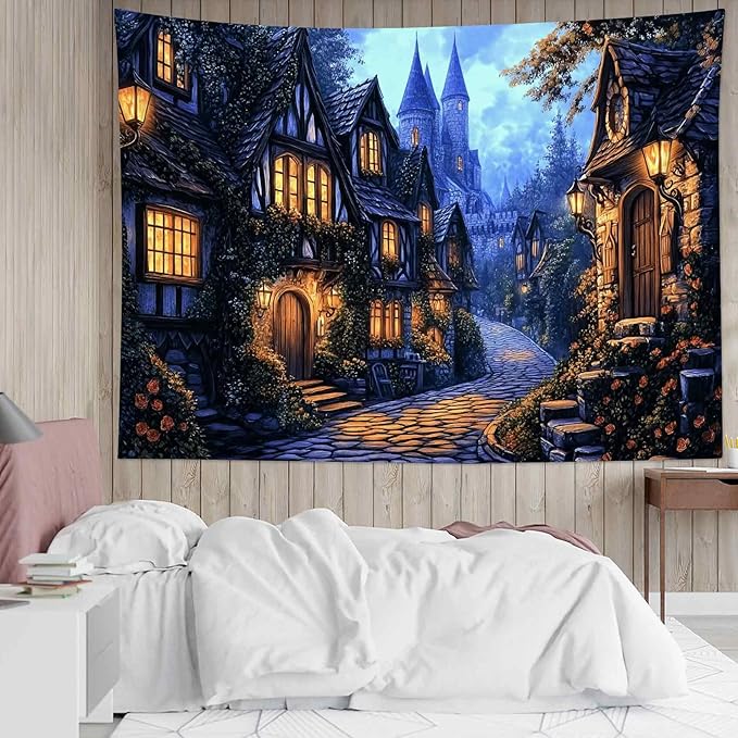 LB Vintage Castle Tapestry, Night Street Old House and Green Tree Wall Tapestry for Bedroom Aesthetic, Village Gothic Wall Art for Living Room Dorm Home Decor Ready to Hanging, 48 x 36 Inches