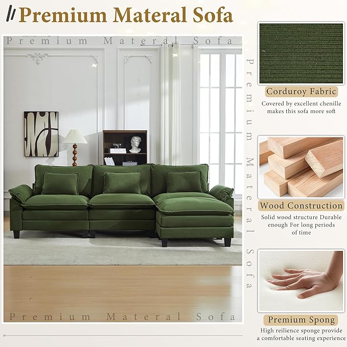 URRED Modular Sectional Sofa Comfy Cloud Couch, Modern Corduroy Sofa Sleeper Deep Seat Couches with Ottoman/Pillows for Living Room (Green, 117''- L Shape)