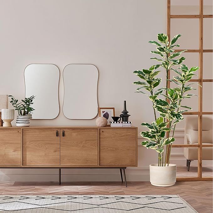 Artificial Rubber Plant 6FT Faux Plants Indoor Fake Rubber Tree with White Planter, Tall Fake Plants Potted Tree Floor Plant in Pot, Artificial Trees for Home Office Room Outdoor Decor