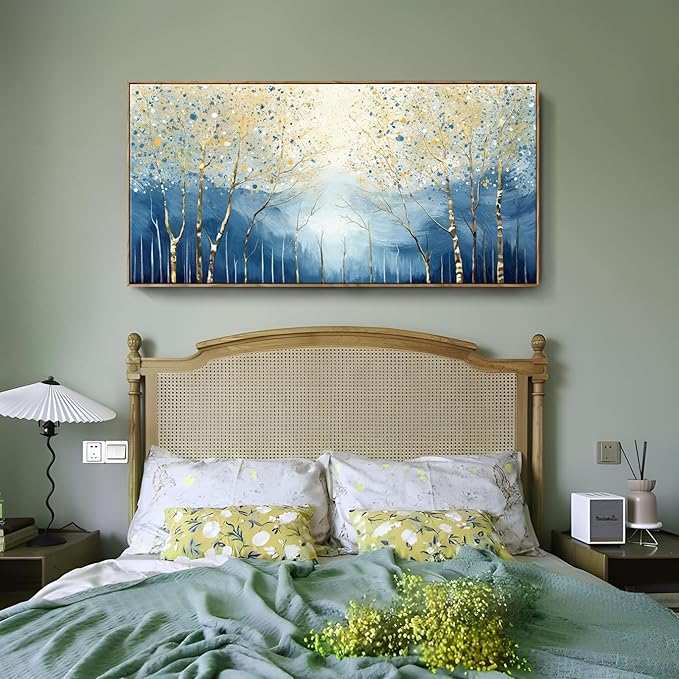 amatop Extra Large Framed Wall Picture for Living Room Abstract Forest Canvas Art Print Modern Landscape Tree of Life Picture Oversized Birch Artwork Bedroom Home Office Decor Blue Orange 58x29 Inch