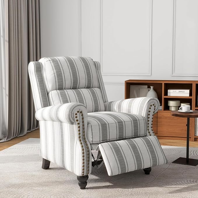 UIXE Pushback Recliner Chair Push Back Accent Chair, Fabric Overstuffed Armchair for Living Room, Rivet Trim Club Chair Home Theater Single Sofa Bedroom Reading Seat - Stripe Gray