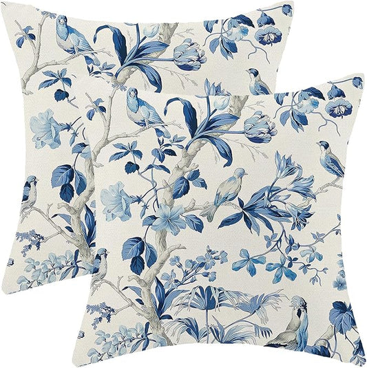 CXMEIFLY Navy Blue Spring Floral Pillow Covers 18 x 18 Inch Set of 2 for Chinoiserie Flowers Bird Decor Throw Pillows Vintage Plant Outdoor Decorative Cushion Cases for Couch Bed Decorations