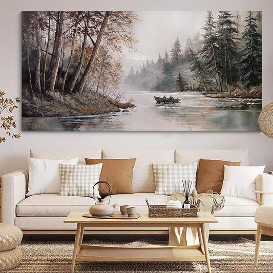 HGUAOA Mountain Canvas Wall Art Rustic Lake Landscape - Nature & Forest Scenery Paintings Pictures for Living Room & Bedroom Wall Decor Vintage Artwork for Walls