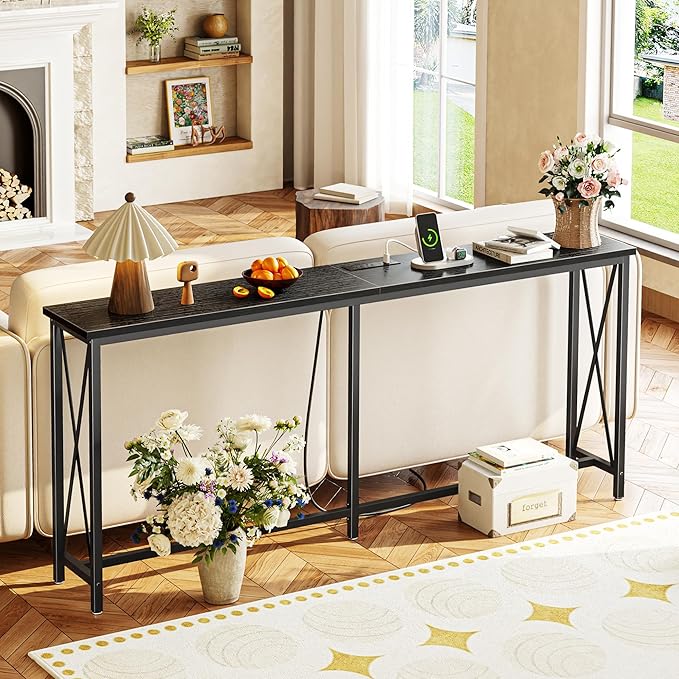 SUPERJARE 70 Inch Console Table with Outlets and USB-C Port, Extra Long Behind Couch Sofa Table with X-Shaped Design, Narrow for Entryway, Living Room, Metal Frame, Wooden Top, Black