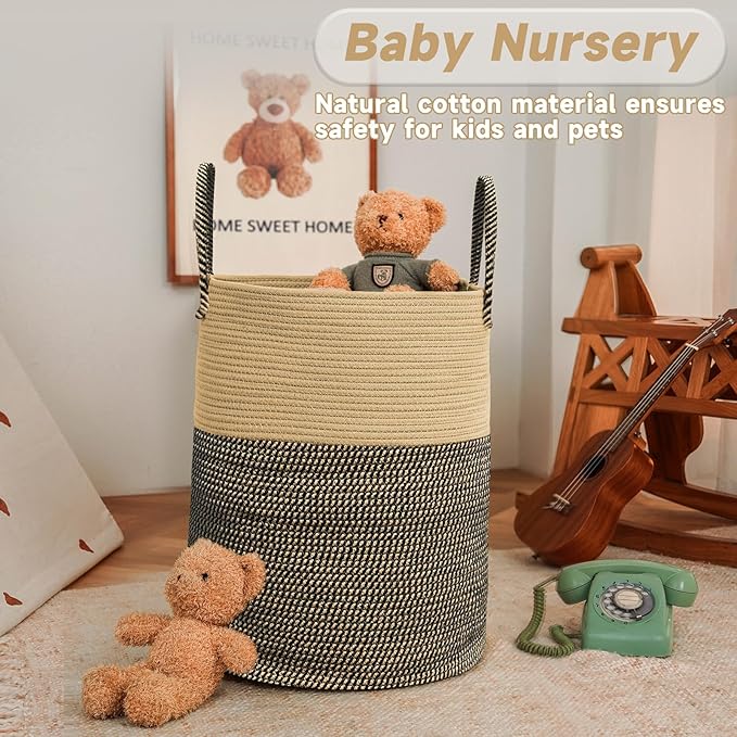 Large Woven Laundry Basket Hamper,80L Cotton Rope Storage Bin for Blankets,Toys and Clothes,Decorative Tall Nursery Hamper for Living Room,Baby Nursery,Bathroom and Bedroom,Brown and Black
