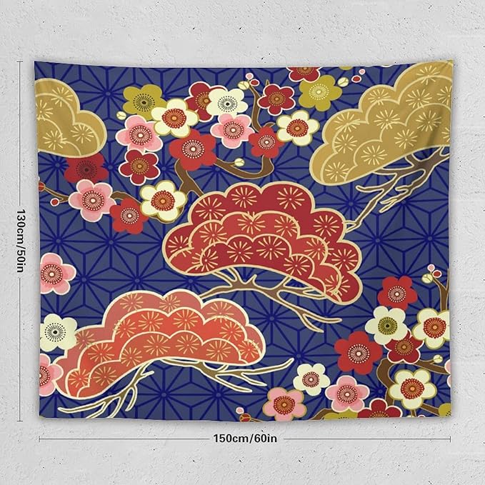 HZOHNAGO Japanese Tapestry Art Abstract Colorful Cherry Blossom Blue Background Pattern Printed Wall Tapestry Painting Wall Hanging for Bedroom Living Room Dorm 60" W x 50" H