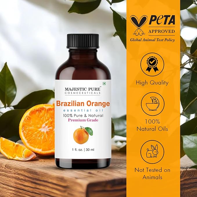 Majestic Pure Brazilian Orange Essential Oil with Glass Dropper - 1 Fl Oz - 100% Pure and Natural Brazilian Orange Oil - Premium Grade Essential Oils for Diffuser, Aromatherapy, Soap and Candle Making