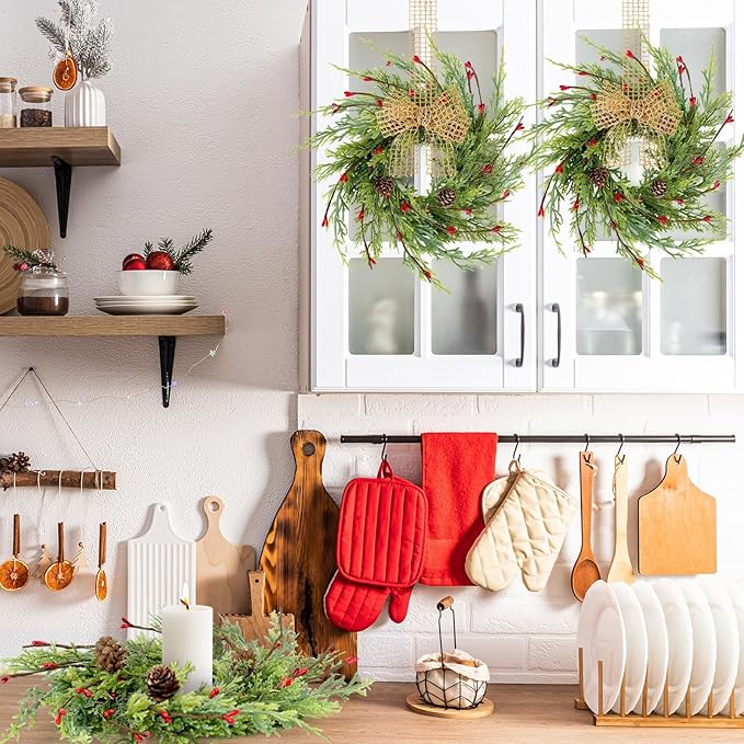 6 Pcs 9 Inch Christmas Wreaths for Kitchen Cabinet Artificial Cedar Pine Hanging Wreath with Red Berries Pine Needles for Front Door Xmas Swag Wreaths for Christmas Winter Farmhouse Home Decorations