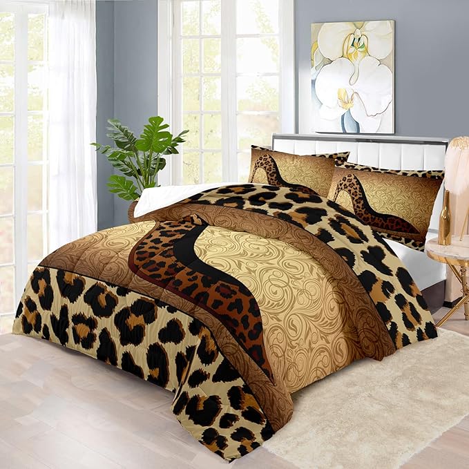 Leopard Comforter Set Full Girls,Sexy High Heel Comforter for Women,Leopard Print Bedding Set Full Adult,High Heel Quilt Bedroom Decor,African Animal Print Bedding Quilt