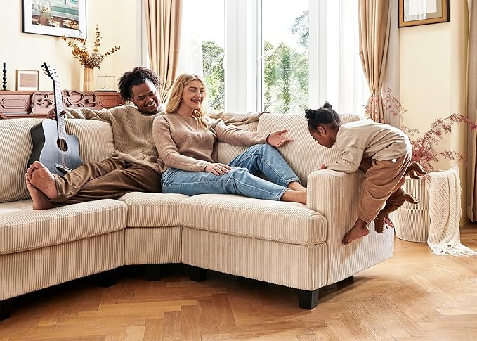Nolany Sectional Couch with Storage Ottoman, U Shape Sectional Sofa with Chaise, Corduroy Modular Sectional Couches for Living Room, Beige