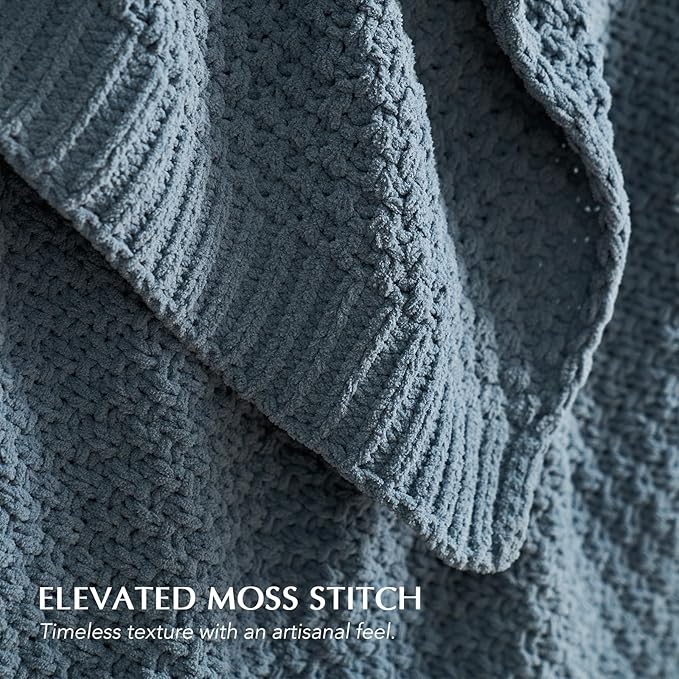 Chunky Chenille Knit Throw Blanket for Couch, Soft Luxurious Moss Stitch Blankets for Bed, Cozy Decorative Farmhouse Knitted Throws for Sofa, Stormy Blue, 60" x 80"