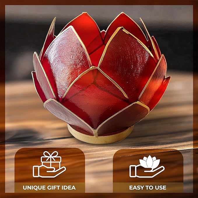 Blooming Lotus Capiz Shell Tealight Candle Holder, Handcrafted Decorative Tea Light Candleholder with Translucent Flower Petals for Ambient Illumination and Natural Elegance, Red
