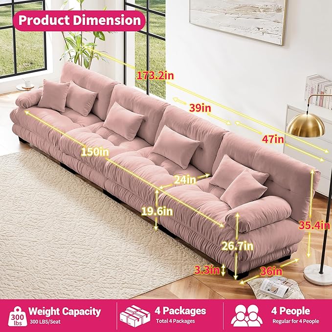 Modular Sectional Sofa Cloud Couch 4-Seater Deep Seat Sofa Couch, Oversized Couch Bed Sectional Couch with Round Bolster Armrests 6 Pillows, Modern Sofa Chair Comfy Couch(Pink)